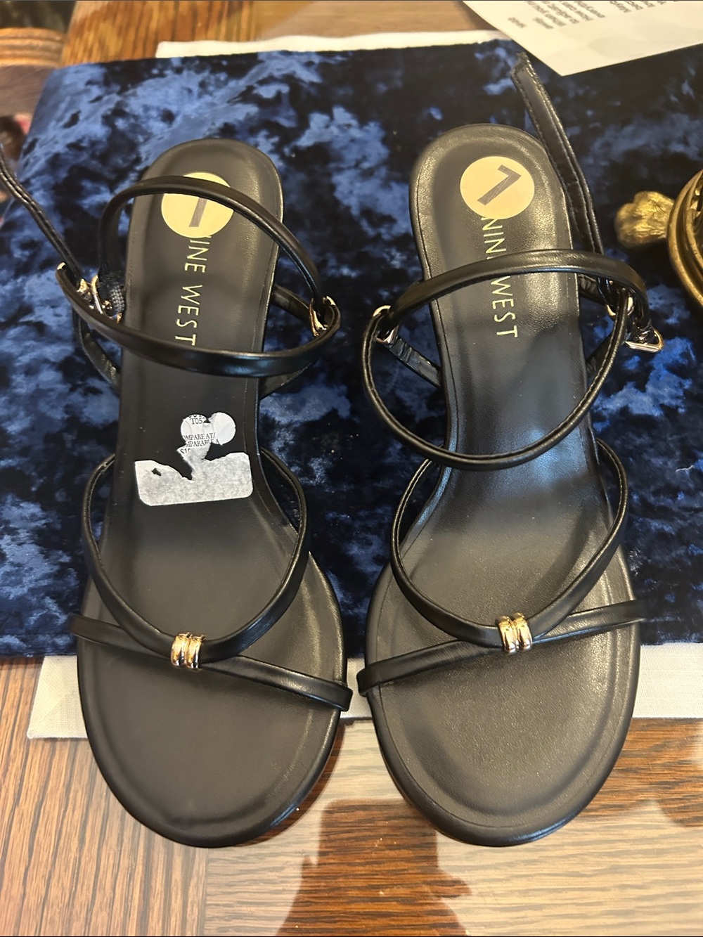 Nine West Black Strappy Sandals with Gold Accent